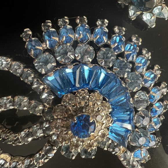 Vintage Rare Early Sherman Brooch Earrings Dome Signed Blue Rhinestones - Picture 10 of 17